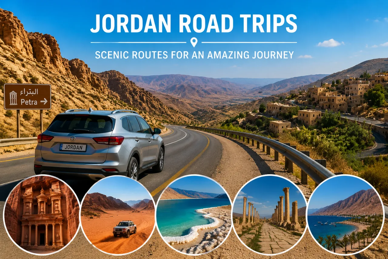 Scenic road trip route through the landscapes of Jordan