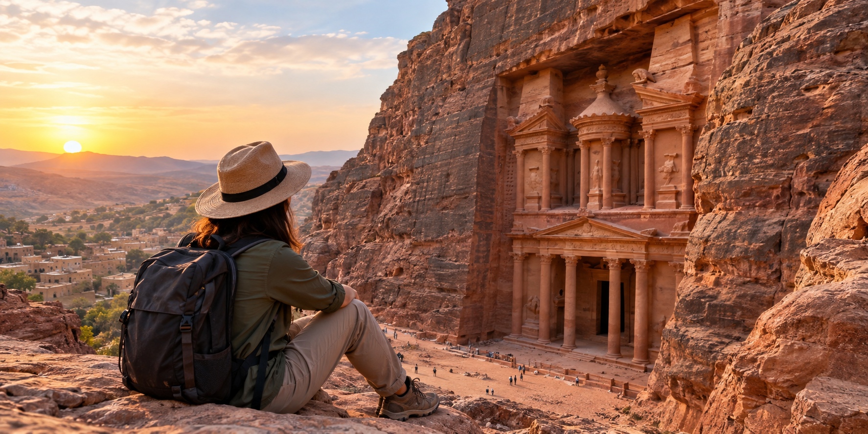 Illustration of a traveler overlooking the Treasury at Petra at sunset.