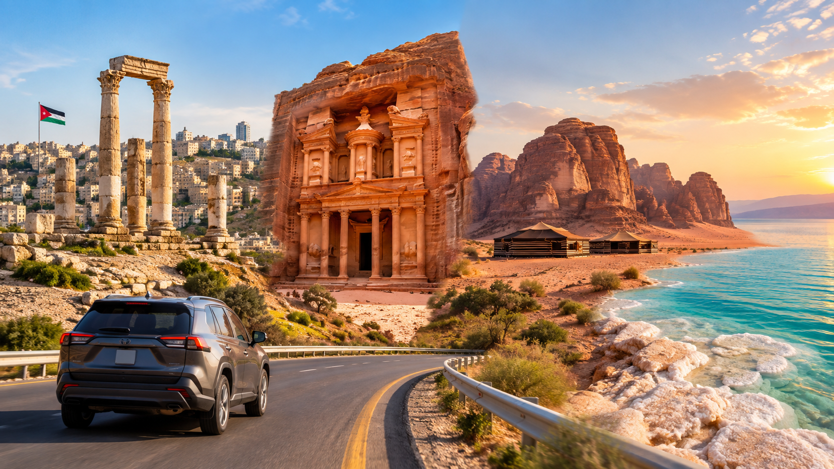 Illustrated Jordan road trip collage featuring a car, Amman ruins, Petra, Wadi Rum, and the Dead Sea.