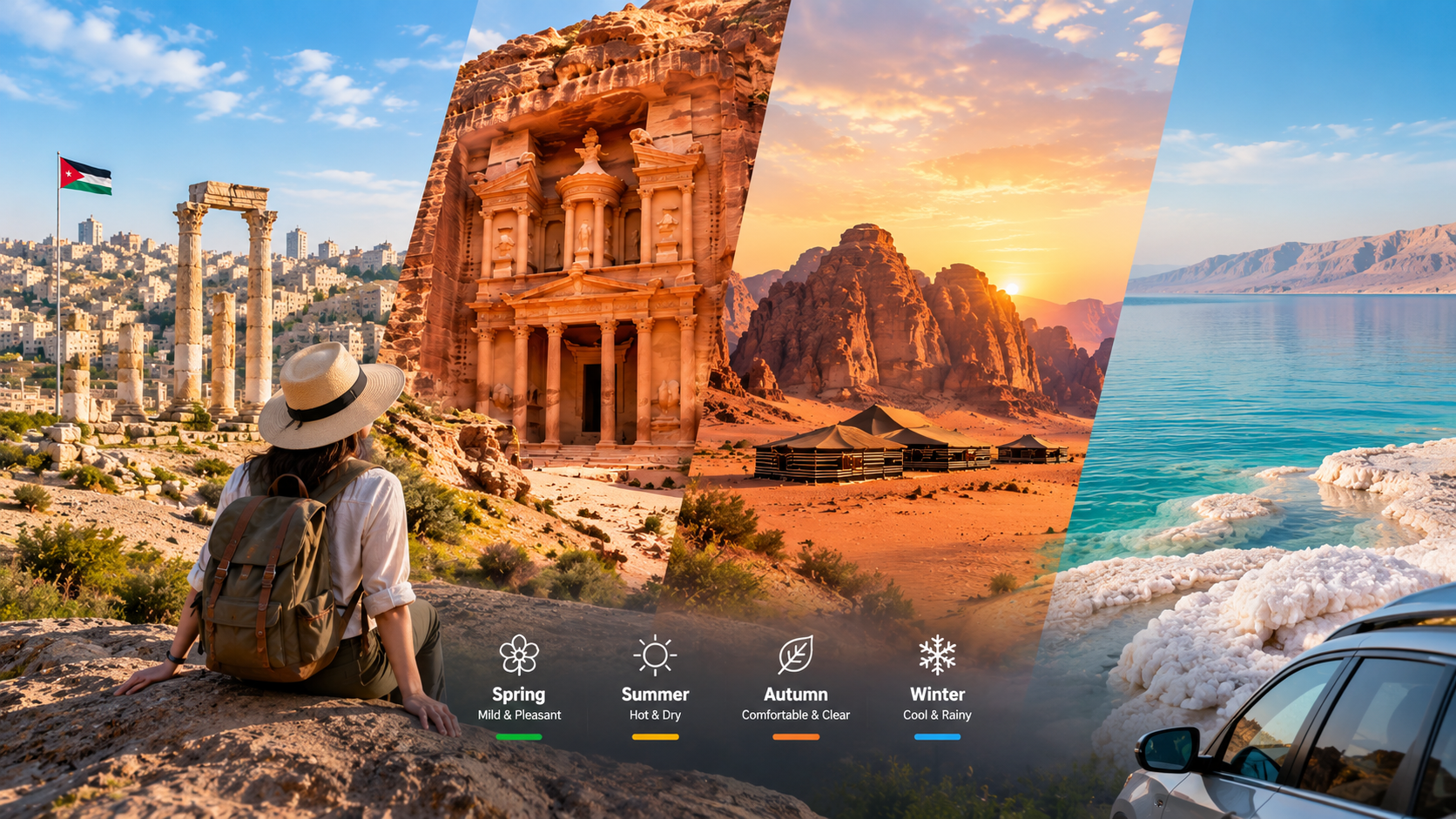 Illustrated seasonal guide to Jordan featuring Amman, Petra, Wadi Rum, and the Dead Sea.