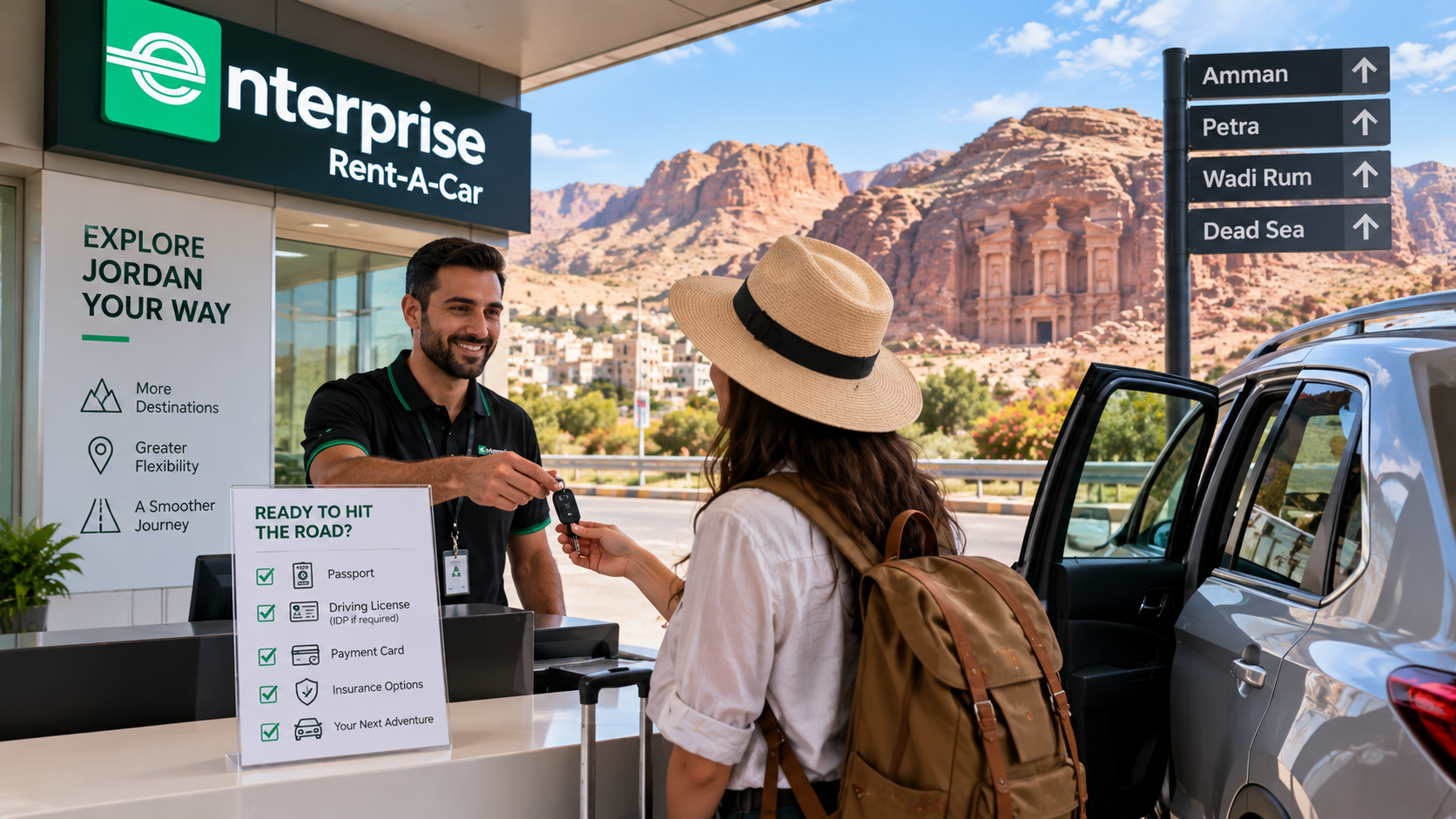 Illustration of a traveler receiving rental car keys at an Enterprise counter, with Jordan landmarks in the background.