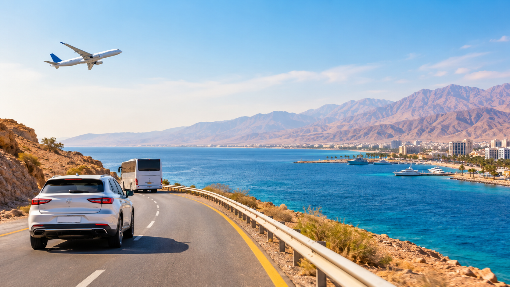 Illustration of a car, bus, and airplane beside the Red Sea coast, representing travel options to Aqaba.